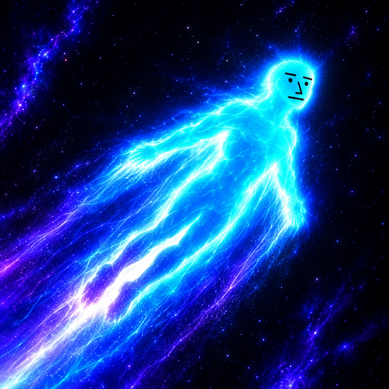 Glowing cyan NPC flying through an electric cosmic field